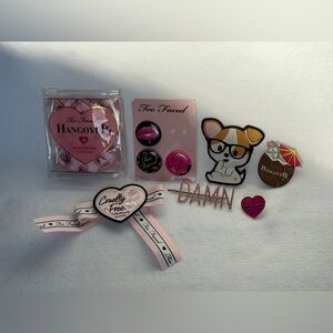 Too Faced Various Merch Bundle - Hair Accessories, Brush Belt Pins, Charms